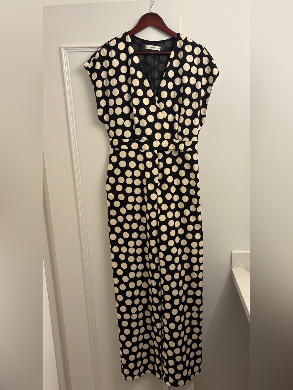 Mango Black Jumpsuit with Cream Polka Dots